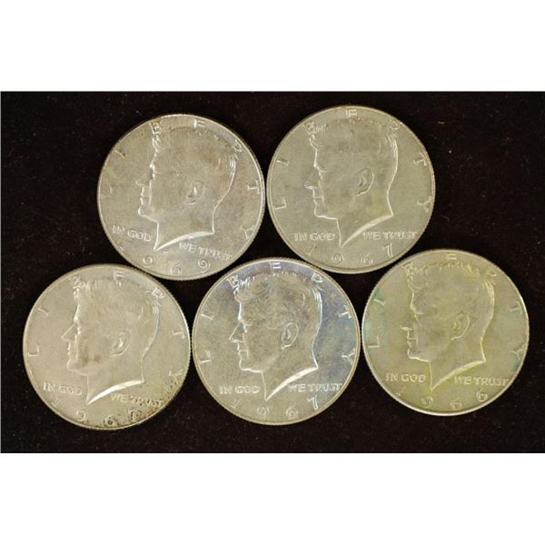 5 ASSORTED 40% SILVER 1966-1969 KENNEDY HALVES