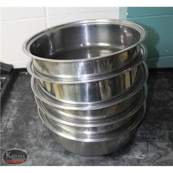 LOT OF 6 13" ROUND S/S INSERTS 3" DEEP /W 2 LIDS