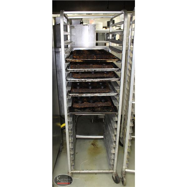 ALUMINUM BUN RACK ON CASTORS /W 5 MUFFIN PANS