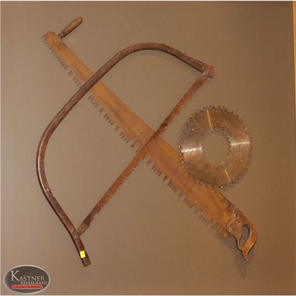 LOT OF TWO ANTIQUE SAWS /W SAW BLADE