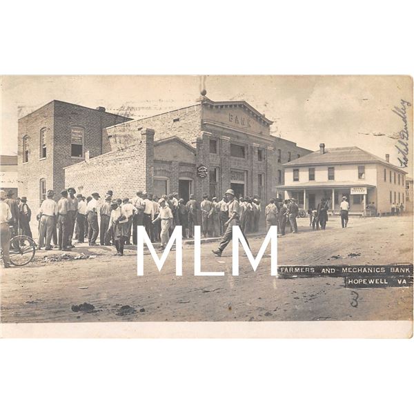 Men Gathered in Front Famers & Mechanics Bank Hopewell, Virginia Photo Postcard