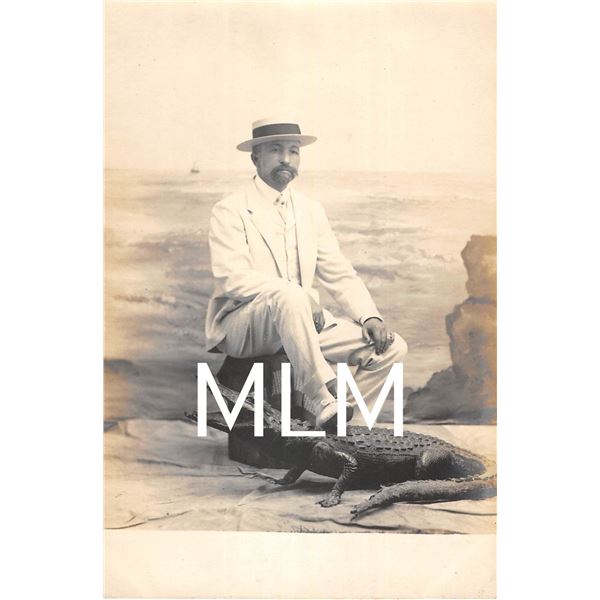 Studio Photo Man Dressed in Suit On Alligator Photo Postcard