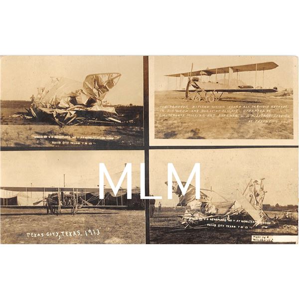 4 View 1913 Aeroplanes & Wrecks Texas City, Texas Photo Postcard