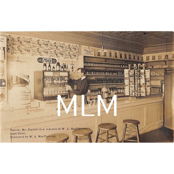 Soda Counter Moxie Bottles Postcard Rack on Counter Easton, Maine Photo Postcard