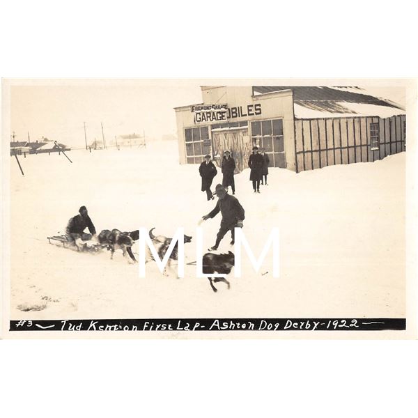 Tud Kent on 1st Lap Ashton Dog Derby 1922 Auto Garage Idaho Photo Postcard