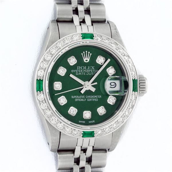 Rolex Ladies Stainless Steel Green Diamond & Emerald 26MM Datejust Wristwatch