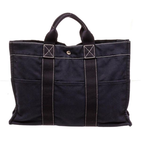 Hermes Navy Canvas Leather Herline GM Tote Bag