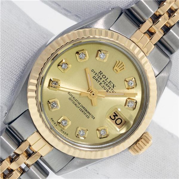 Rolex Ladies 2 Tone Champagne Diamond 26MM Oyster Perpetual Datejust Wristwatch