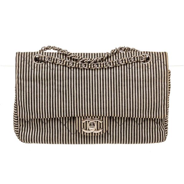 Chanel Black With Canvas Stripe Double Flap Bag