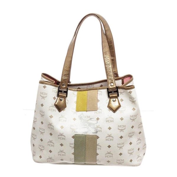 MCM White Leather Canvas Shopper Tote Bag