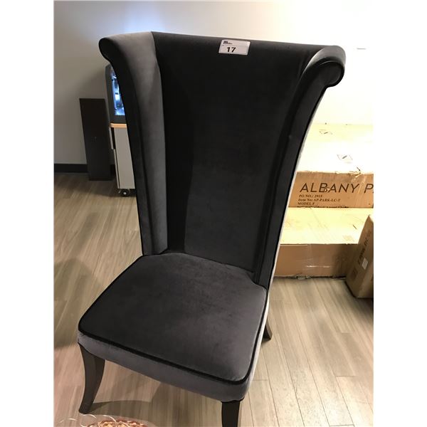 ARMEN ART GREY VELOUR LARGE WING BACK CHAIR WITH BLACK PIPING