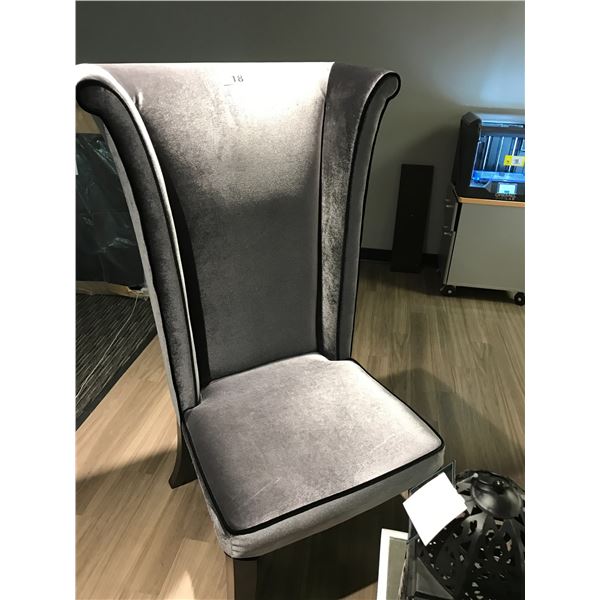 ARMEN ART GREY VELOUR LARGE WING BACK CHAIR WITH BLACK PIPING