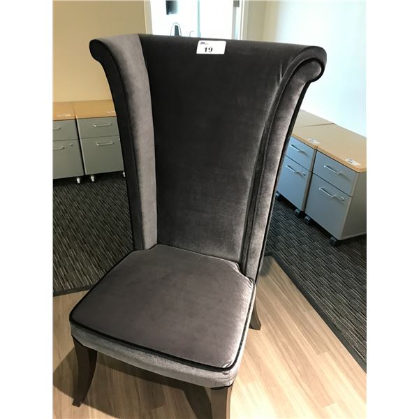 ARMEN ART GREY VELOUR LARGE WING BACK CHAIR WITH BLACK PIPING