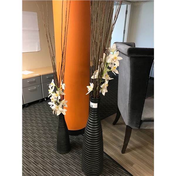 2 FLOOR VASES WITH FAUX ORCHIDS AND WILLOW BRANCHES