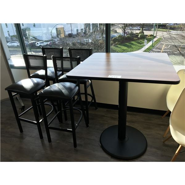 DARKWOOD BAR HEIGHT 3' TABLE COMES WITH 4 BLACK BARSTOOLS