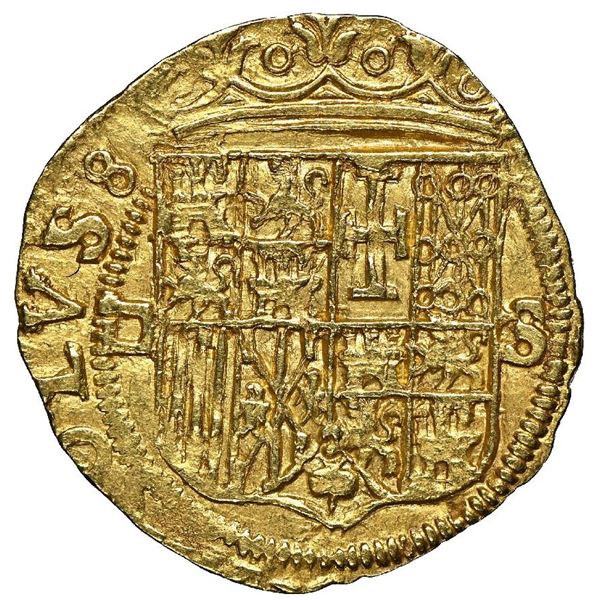 Seville, Spain, 1 escudo, Charles-Joanna, assayer Gothic D to left, mintmark S to right, NGC MS 64.