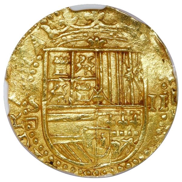 Seville, Spain, cob 2 escudos, Philip II, assayer Gothic D below mintmark S to left, NGC MS 64.