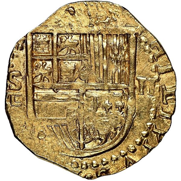 Seville, Spain, cob 2 escudos, Philip II, assayer Gothic D below mintmark to S to left, NGC MS 62.