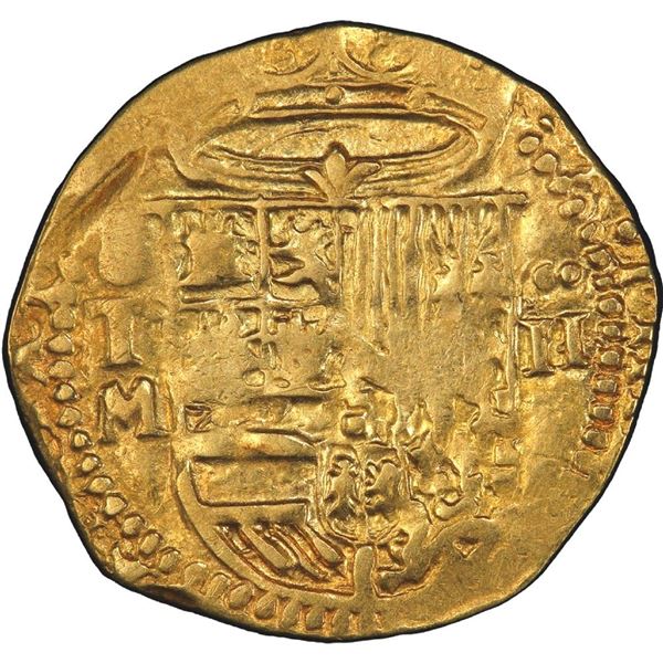 Toledo, Spain, cob 2 escudos, Philip II, assayer M below mintmark oT to left, PCGS AU50