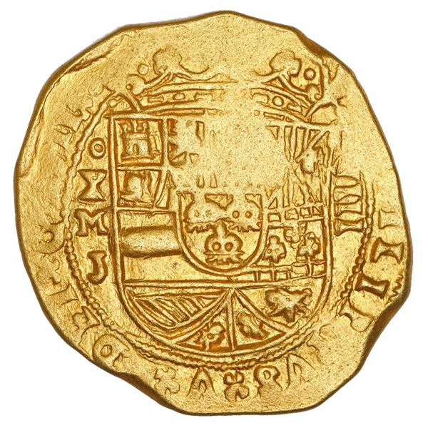 Mexico City, Mexico, cob 8 escudos, 1711 J, ornate-tressure cross, NGC UNC details / saltwater damag