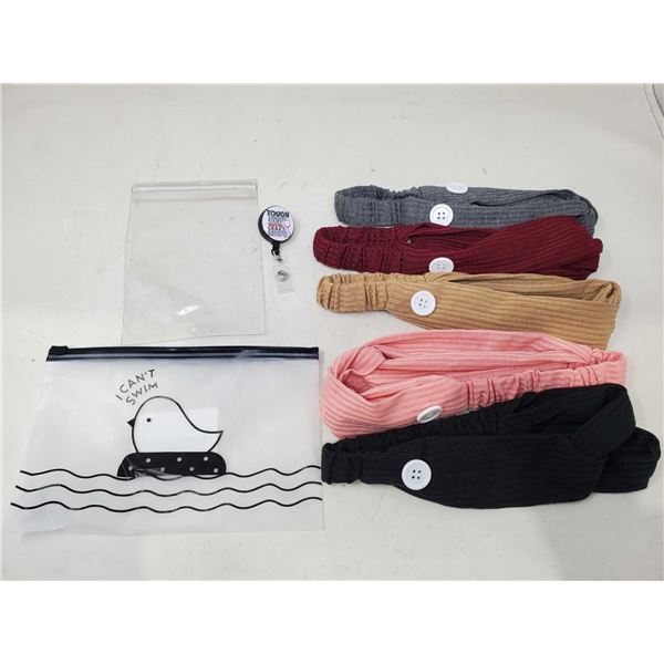 Nurse Retractable ID Lanyard, Clear ID Pouch & Lot of 5 headbands with Buttons for Face Mask Band ar