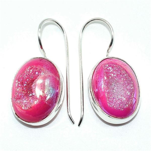 Silver Pink Druzy(1.1ct) Hand Made Earrings (~weight 8.9g)