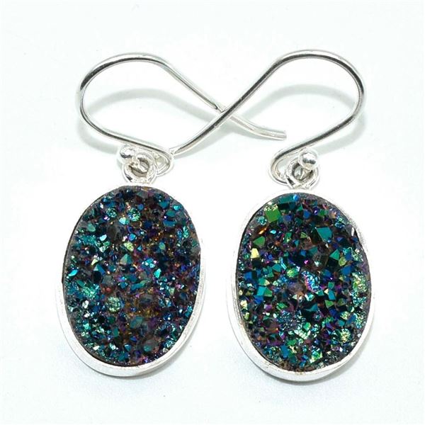Silver Green Druzy(76.5ct) Hand Made Earrings (~weight 5.65g)