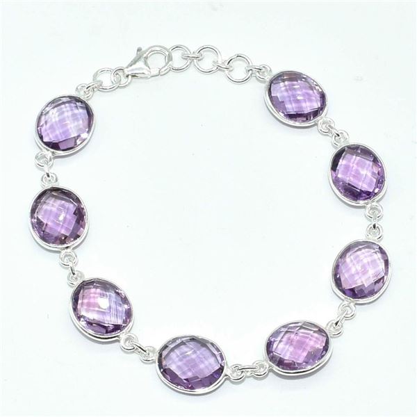 Silver Amethyst(95.5ct) Hand Made Bracelet (~weight 10.05g)