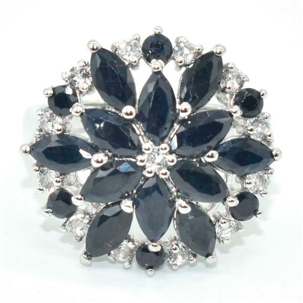 Silver Blue Sapphire White Topaz(18ct) Rhodium Plated Ring (~weight 4.65g)