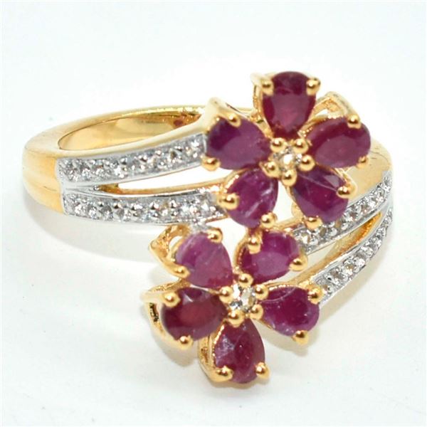 Gold plated Silver Ruby White Topaz(14.5ct) Gold Rhodium Plated Ring (~weight 4.65g)