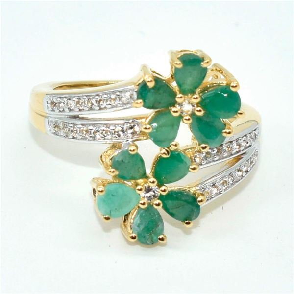Gold plated Silver Emerald White Topaz(14.5ct) Gold Rhodium Plated Ring (~weight 4.5g)