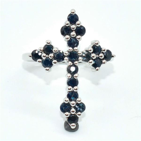 Silver Blue Sapphire(9ct) Rhodium Plated Ring (~weight 3.6g)