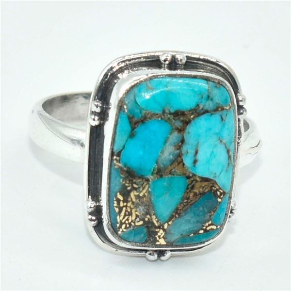 Silver Blue Copper Turquoise(36ct) Hand Made Ring (~weight 3.9g)