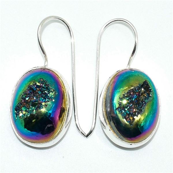 Silver Rainbow Druzy(113.5ct) Hand Made Earrings (~weight 9.45g)
