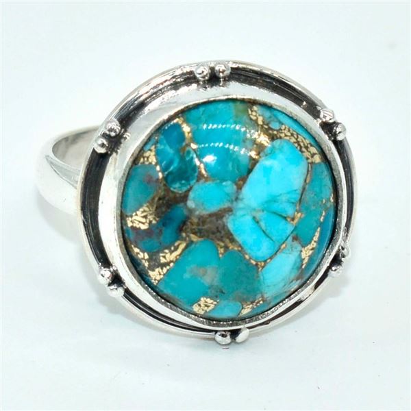 Silver Blue Copper Turquoise(40.5ct) Hand Made Ring (~weight 4.35g)