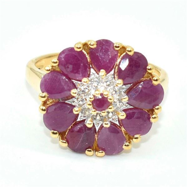 Gold plated Silver Ruby White Topaz(18ct) Gold Rhodium Plated Ring (~weight 4.9g)