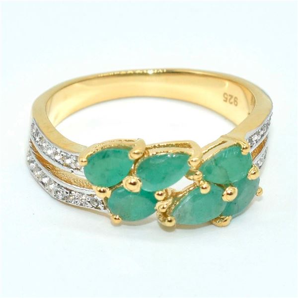 Gold plated Silver Emerald White Topaz(9ct) Gold Rhodium Plated Ring (~weight 3.35g)