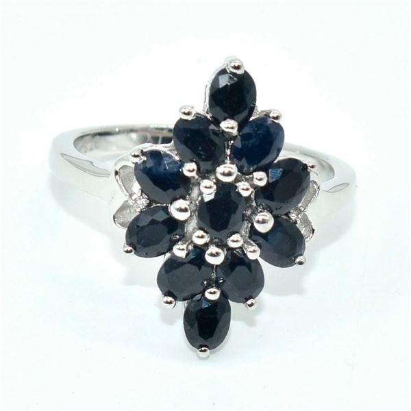 Silver Blue Sapphire(12.25ct) Rhodium Plated Ring (~weight 3.26g)