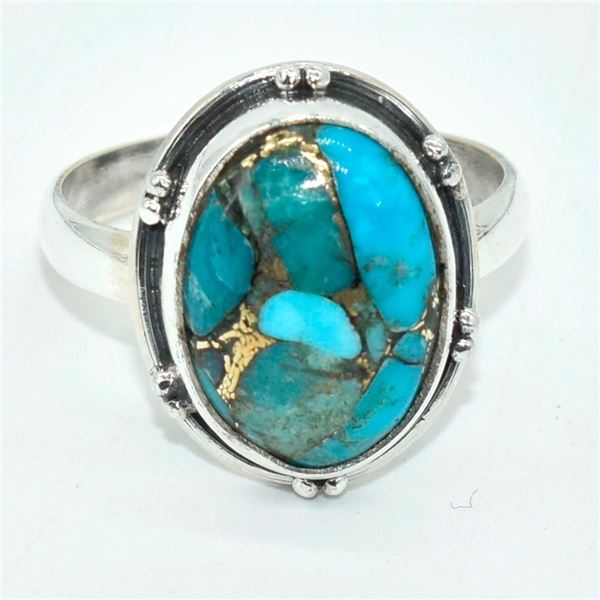 Silver Blue Copper Turquoise(36ct) Hand Made Ring (~weight 3.75g)