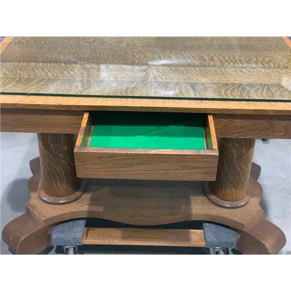 Vintage Oak Veneer Desk approx 48 inches long x 28 inches wide with drawer and heavy base