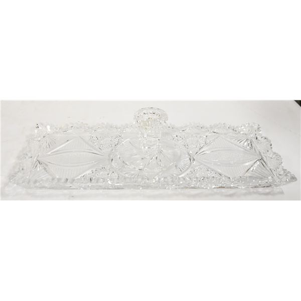 HOBSTAR MOTIF CRYSTAL TRAY AND CANDLE STICK