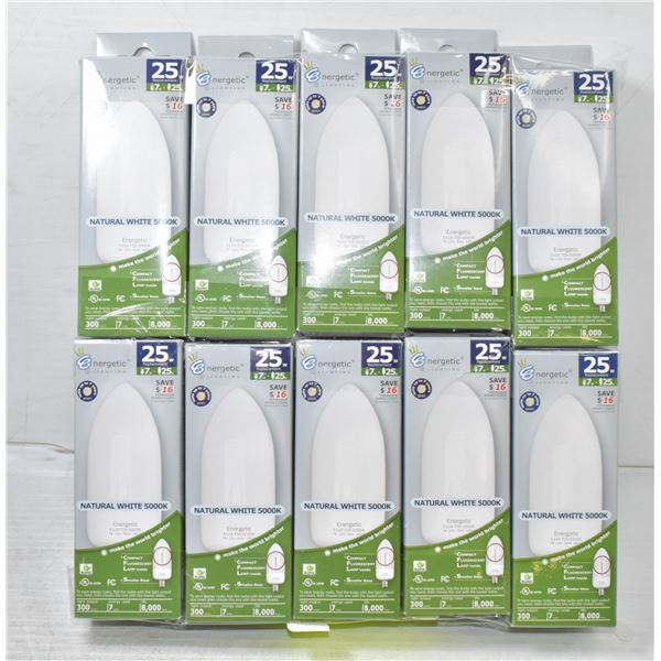 10 PACK NATURAL WHITE 5000K 25 WATT BULBS.