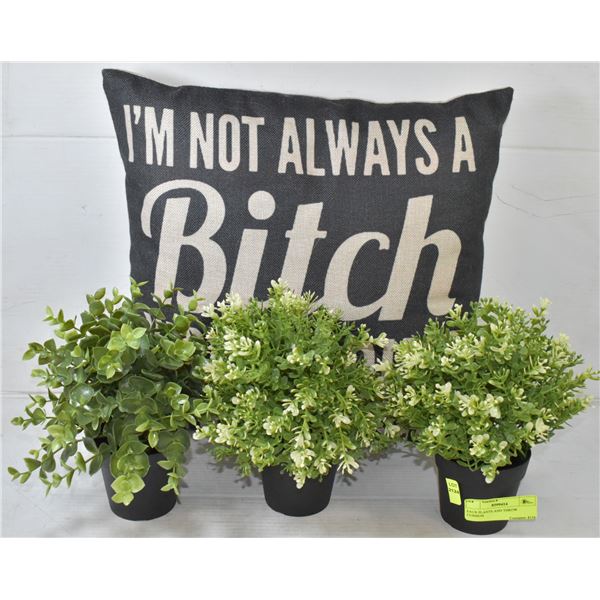FAUX PLANTS AND THROW CUSHION