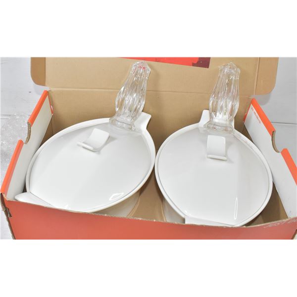 WHITE BOWRING SERVING DISHES & SALT & PEPPER SET