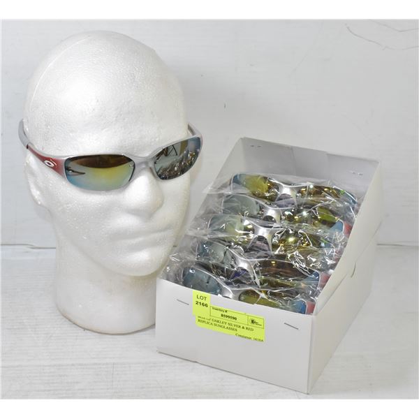 BOX OF OAKLEY SILVER & RED REPLICA SUNGLASSES