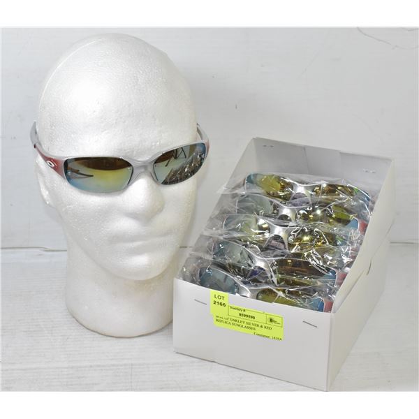 BOX OF OAKLEY SILVER & RED REPLICA SUNGLASSES