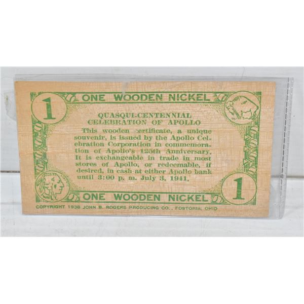 1)  FROM APOLLO PA, 1941, ONE WOODEN NICKLE