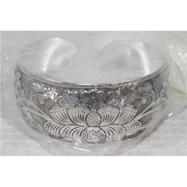 3)  HEAVILY CARVED TIBETAN SILVER PEONY