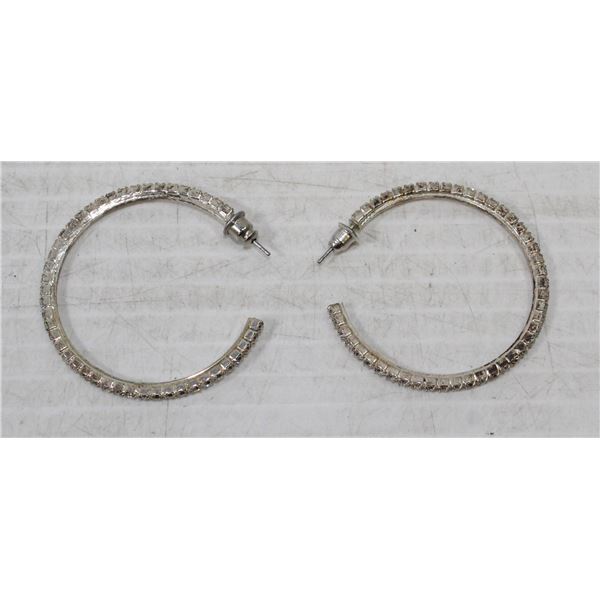 11)  SILVER TONE CZ HOOP EARRINGS ON STUDS