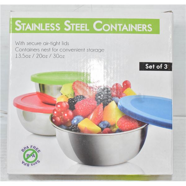 SET OF 3 STAINLESS STEEL STORAGE CONTAINERS WITH